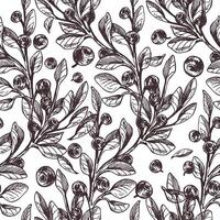 Forest autumn blueberries with leaves. Graphic illustration, hand drawn with brown ink, line art monochrome. Seamless pattern, simple on the theme of forest, harvest, nature. vector