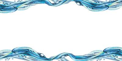 Horizontal frame with water waves. Watercolor illustration. For the design and decoration of postcards, posters, invitations, certificates, booklets, advertisements, ads, websites, banners, boards. vector