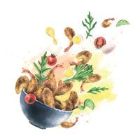 Breaded shrimp, tempura in a ceramic bowl with arugula, cherry tomatoes, quail eggs, lime and lemon. Watercolor illustration. Levitation composition from the collection of SHRIMP. For menus vector