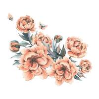 Delicate flowers, buds and leaves of peach and pink peonies with butterflies in a trendy color and vintage style. Hand drawn watercolor illustration. Composition isolated from background vector