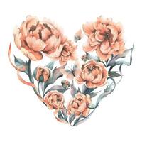 Delicate flowers, buds and leaves of peach and pink peonies with butterflies in a vintage style. Hand drawn watercolor illustration. Composition in the shape of a heart isolated from background. vector