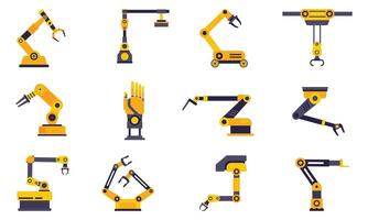 Set of Industrial robotic arm manufacturing automation technology, factory assembly robot machine, orange and grey color. vector