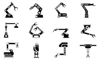 Industrial robotic arm manufacturing automation technology, factory assembly robot machine, black and white color vector