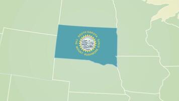 South Dakota state flag United States map outline zoom in animation video
