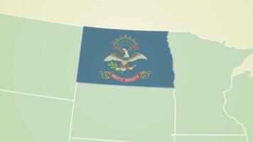 North Dakota state flag United States map outline zoom in animation video
