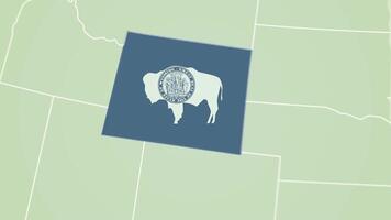 Wyoming state flag United States map outline zoom in animation video