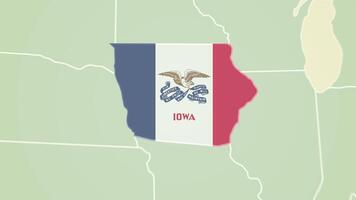 Iowa state flag United States map outline zoom in animation video