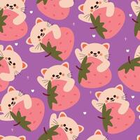 seamless pattern cartoon cat with strawberry. cute animal wallpaper illustration for gift wrap paper vector