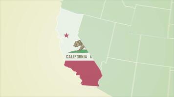 California state flag United States map outline zoom in animation video