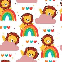 sin costura modelo dibujos animados león, arco iris y púrpura nubes linda animal fondo de pantalla para textil, regalo envolver papel vector