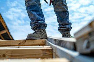 Workman in Sturdy Boots Treads on Unfinished Roof photo