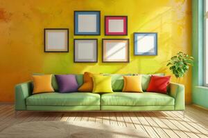 Vibrant Frames on Apartment Wall Above a Modern Sofa With Pillows photo