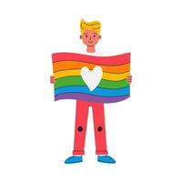 A young man holding a rainbow flag with a heart on it vector