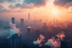 aéreo ver de ciudad en denso niebla tóxica durante puesta de sol foto