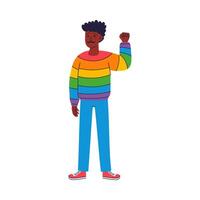 un de piel oscura hombre en un arco iris camisa muestra un apretado puño vector