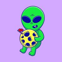 Cute Alien With Moon Cartoon Icons Illustration. Flat Cartoon Concept. Suitable for any creative project. vector