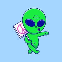 Cute Alien Walking With Holding Peace Sign Board Cartoon Icons Illustration. Flat Cartoon Concept. Suitable for any creative project. vector