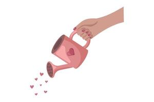 A hand with a wrist adorned with a fashion accessory is pouring water from a pink watering can with hearts on it, creating a gesture of art in magenta and carmine tones vector