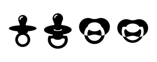 Set of four black and white baby pacifier icons. Elements for design of logo, icons, buttons. Isolated horizontal illustration vector