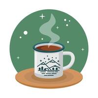 Tourist mug with a picture of mountains and hot tea. illustration for logo, icon, print. Theme of tourism, travel, hiking. Isolated illustration vector