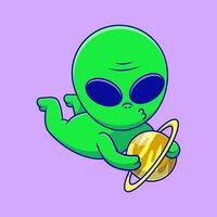 Cute Alien Floating With Planet Cartoon Icons Illustration. Flat Cartoon Concept. Suitable for any creative project. vector