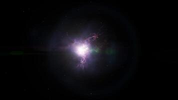 Flying through black and empty space to a purple galaxy with a bright star in the center. video