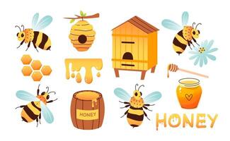 Bee, honey and hive. Beekeeping set. Cute bees in different poses vector