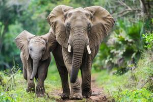 Mother and Calf African Elephants Walking in National Park Savannah photo