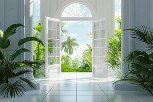 brillante iluminado por el sol habitación con abierto puerta a lozano verde jardín foto