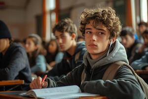 enfocado estudiante tomando un escrito examen en un colegio salón de clases foto