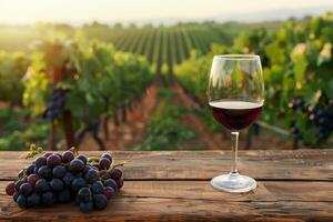 Glass of Red Wine and Fresh Grapes with Vineyard Background photo