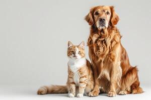 Dog and Cat Sitting Together Against Beige Background photo