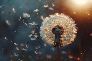 White dandelion with seeds flying away photo