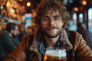 Drunk man have fun in pub, drinks beer photo