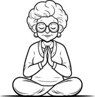 Funny Grandmother Meditating - Black and White Cartoon Illustration. vector