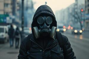hombre en gas máscara camina a lo largo ahumado calle foto