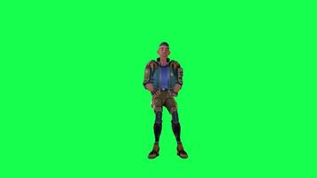 3d Karikatur Charakter Grün Bildschirm Chroma Schlüssel Soldat Raum Mann süß gehen sich unterhalten Lauf Aktion anders sehen video