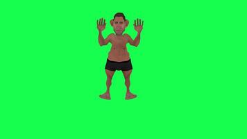 Animation of a caveman in a green screen chroma key background doing different things with different rendering modes of 3D people video