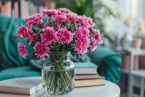 Pink chrysanthemum flowers in a transparent vase, creating a peaceful ambiance in a contemporary home setting photo