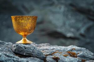 A gold cup sits on a rock, surrounded by moss and rocks photo