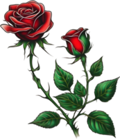 Red rose painting in full bloom, red rose tattoo, Rose illustration for decoration. AI-generated. png