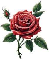 Red rose painting in full bloom, red rose tattoo, Rose illustration for decoration. AI-generated. png