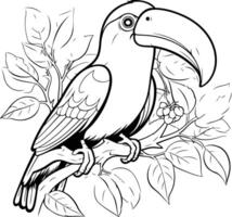 tropical pájaro tucán sentado en un rama. colorante libro para adultos vector