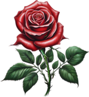 Red rose painting in full bloom, red rose tattoo, Rose illustration for decoration. AI-generated. png