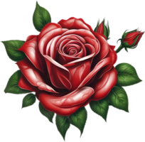 Red rose painting in full bloom, red rose tattoo, Rose illustration for decoration. AI-generated. png