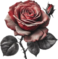 Red rose painting in full bloom, red rose tattoo, Rose illustration for decoration. AI-generated. png