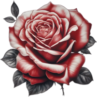 Red rose painting in full bloom, red rose tattoo, Rose illustration for decoration. AI-generated. png