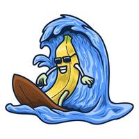 Funny banana character playing surfing and wearing sunglasses in summer. Mascot illustration collection. vector