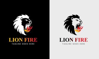 Lion minimalist logo, king lion symbol in red black, yellow color, lion face with fire icon red hart zoo forest vector