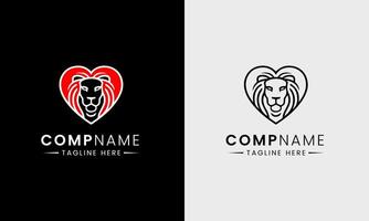 Lion minimalist logo, king lion symbol in red black, yellow color, lion face with fire icon red hart zoo forest vector